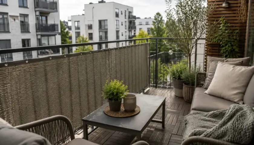 Nowy, przytulny balkon po remoncie. Meble, rośliny i osłona tworzą idealne miejsce do relaksu.