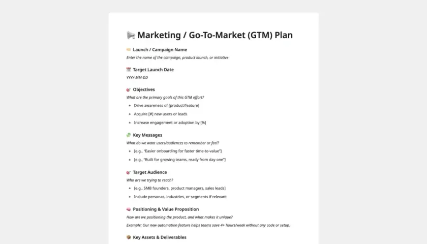 Gotowy plan marketingowy: cele, kluczowe komunikaty, grupa docelowa, pozycjonowanie i kanały.