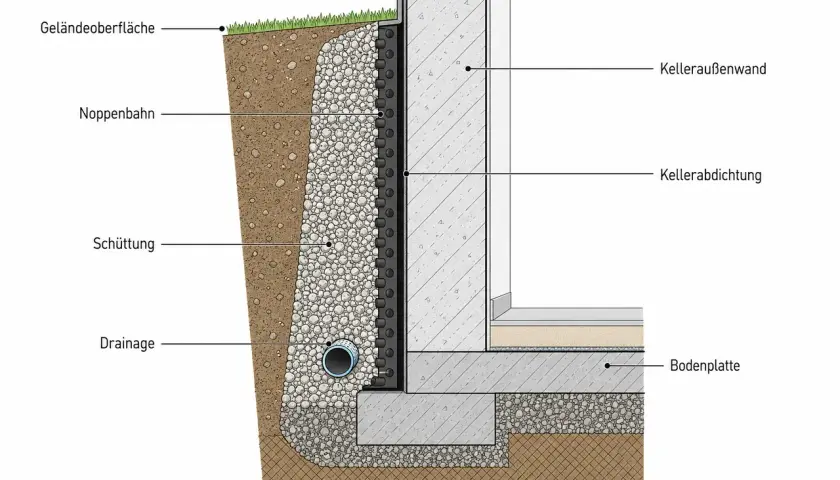 Schnittzeichnung einer Kelleraußenwand mit Noppenbahn, Drainage und Schüttung zum Schutz vor Feuchtigkeit.