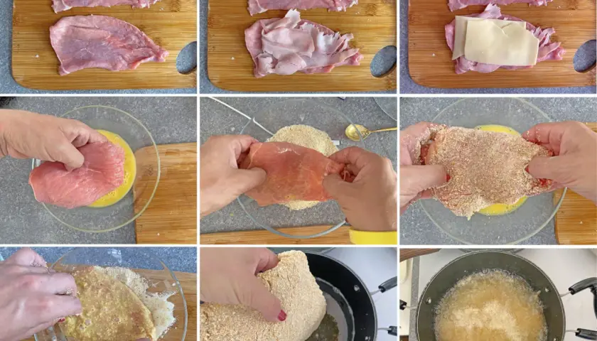 Preparazione delle bistecche alla valdostana: carne, prosciutto, formaggio, uovo e pangrattato per una deliziosa impanatura.