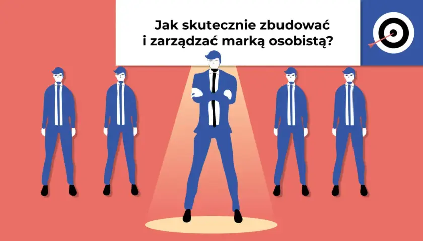 Skuteczne budowanie marki osobistej to klucz do sukcesu. Ilustracja pokazuje lidera otoczonego przez zespół, symbolizując drogę do celu.