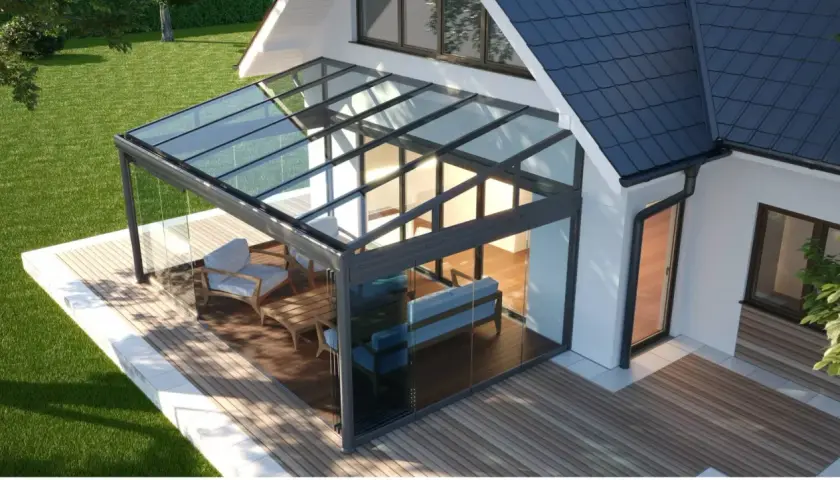 Une véranda moderne avec mobilier confortable, parfaite pour une idée aménagement petite véranda. Profitez de la lumière naturelle.