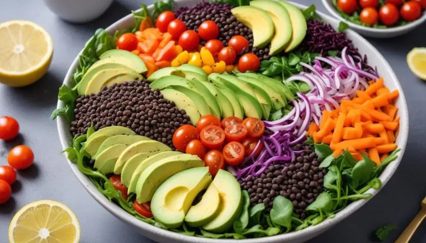 En färgstark sallad med belugalinser, avokado, tomater, morötter och rödlök. Ett perfekt belugalinser recept för en hälsosam måltid.