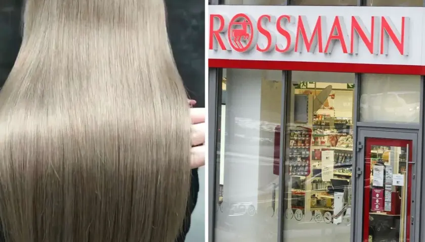 Długie, blond włosy i wejście do drogerii Rossmann.