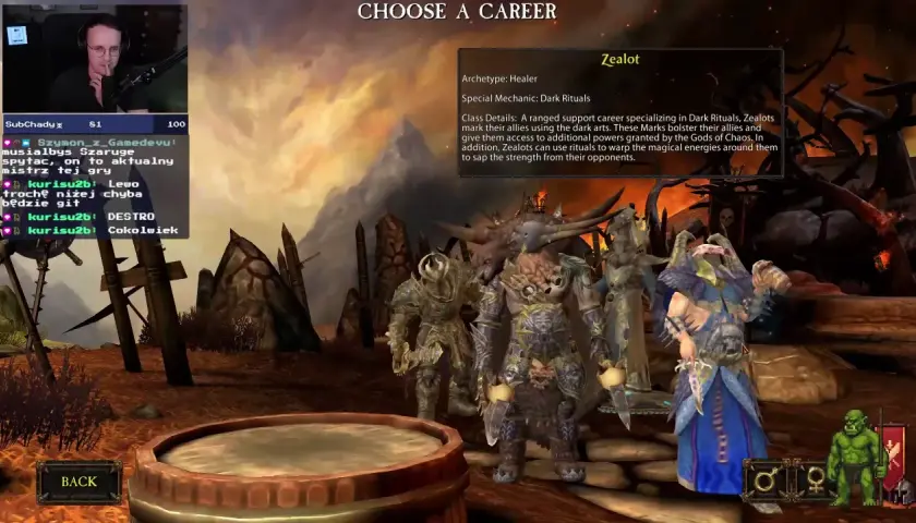 Wybór klasy Zealot w Warhammer Online. Postacie w mrocznych szatach, gotowe do walki.