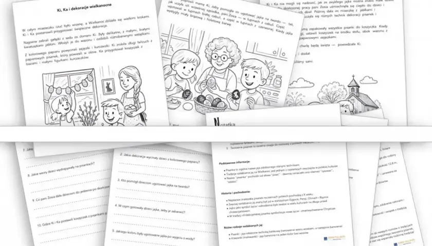 Karty pracy dla dzieci z wielkanocnymi zadaniami i ilustracjami. Dzieci ozdabiają dom, gotują jajka i tworzą świąteczne dekoracje.