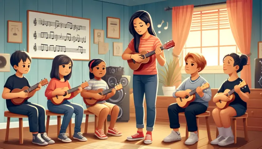 Nauczycielka prowadzi lekcję gry na ukulele. Dzieci uczą się prostych piosenek na 2 chwyty, patrząc na nuty na tablicy.