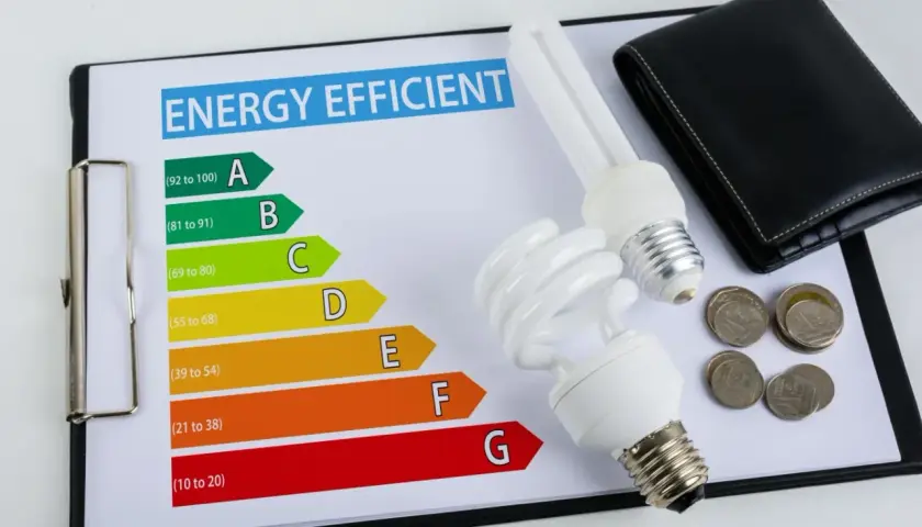 Klasa energetyczna E oznacza, że urządzenie zużywa sporo energii. Na wykresie widać żarówki, portfel i monety, sugerując oszczędzanie.