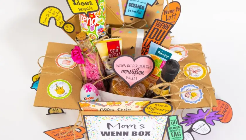 Eine liebevoll gestaltete "Mom's WENN BOX" mit vielen DIY Geschenkbox Ideen, gefüllt mit kleinen Aufmerksamkeiten für verschiedene Anlässe.