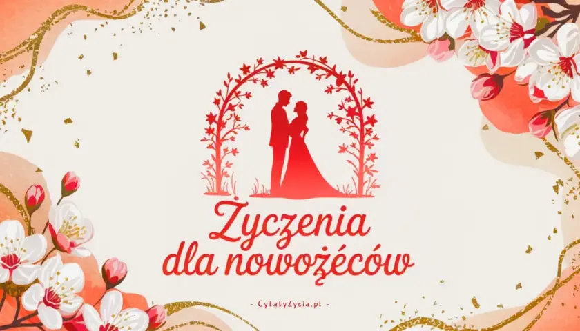 Eleganckie życzenia dla nowożeńców z parą pod łukiem i kwitnącymi gałązkami. Znajdź fajne cytaty na podziękowanie.