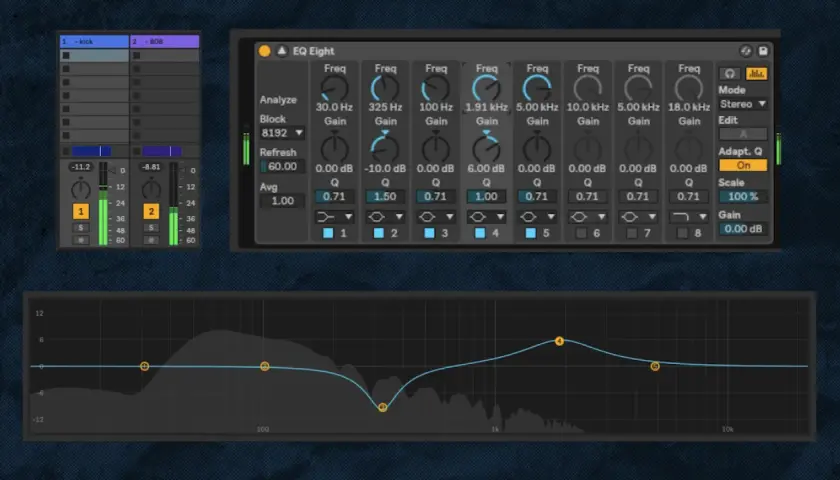 EQ-Einstellungen für fetten Bass: Frequenzgang zeigt Boost bei tiefen Frequenzen und Absenkung bei 325 Hz.