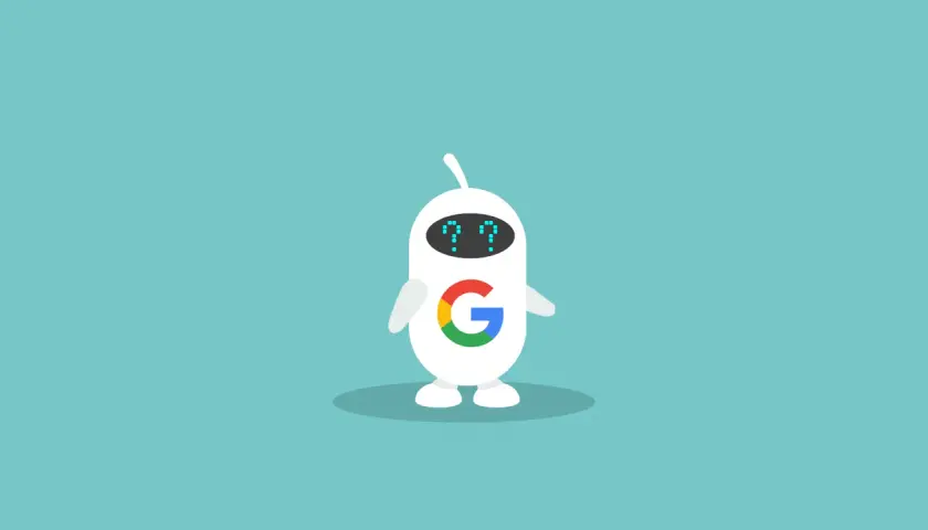 Biały, przyjazny google bot z logo Google na brzuchu i niebieskimi znakami zapytania zamiast oczu.