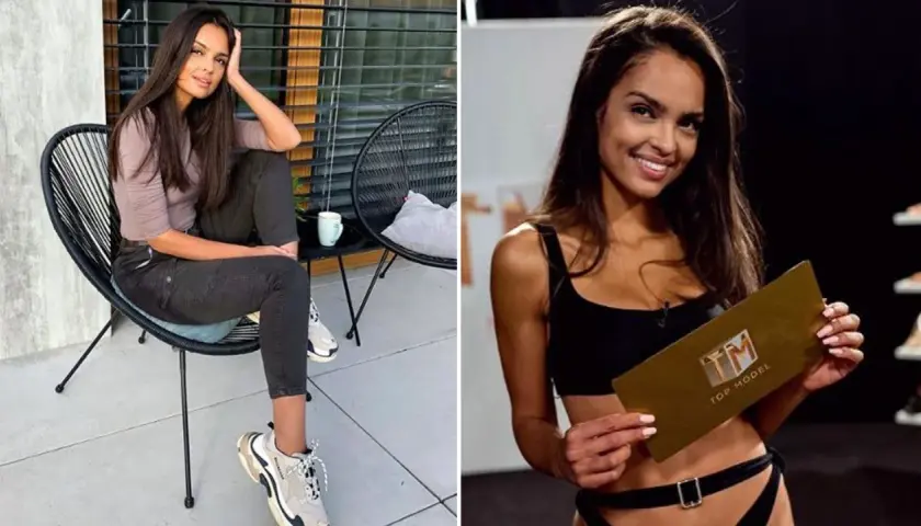 Klaudia El Dursi, uczestniczka Top Model, w luźnej stylizacji i z kartą Top Model.