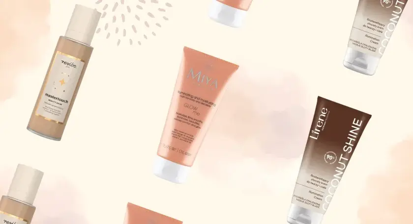 Kolekcja balsamów rozświetlających z drobinkami: Eveline Brazilian Body, Resibo Mastertouch, MIYA Glow Me, Lirene Coconut Shine i Lash Brow.