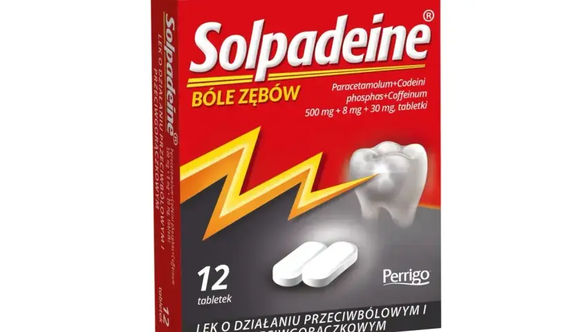 Opakowanie leku Solpadeine na bóle zębów, zawierające 12 tabletek. Składniki aktywne to paracetamol, kodeina i kofeina, podobnie jak w niektórych lekach z grupy vicodin.
