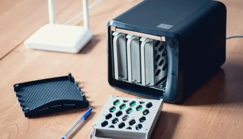 Ein NAS-Gehäuse mit vier Einschüben, ein Router und eine zerlegte Festplattenschublade liegen auf einem Holztisch. So wird ein PC zum NAS.
