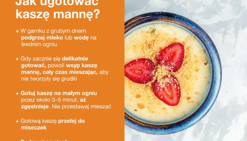 Prosty kasza manna przepis: gotuj na małym ogniu, dodaj truskawki i posypkę. Pyszne śniadanie!