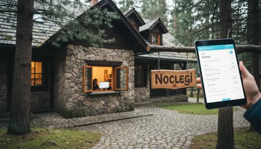 Kamienny domek z tabliczką "NOCLEGI" i fakturą Airbnb na tablecie.