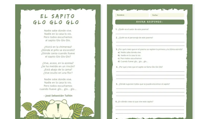 Ficha de lectura primaria para imprimir con el poema "El sapito Glo Glo Glo" y preguntas para responder.