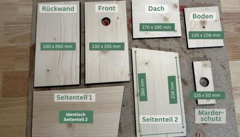 Holzteile für die ausrichtung nistkasten: Rückwand, Front mit Loch, Dach, Boden, zwei Seitenteile und Marder-schutz. Maße sind angegeben.