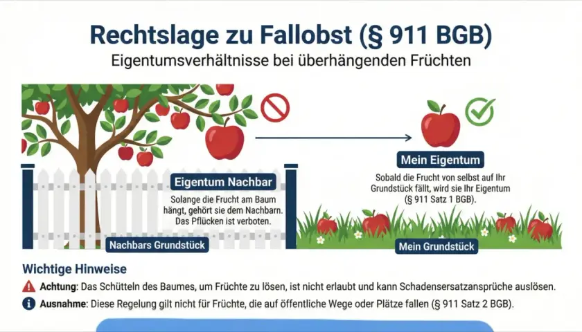 Rechtslage zu Fallobst: Überhängende Früchte gehören dem Nachbarn, bis sie auf Ihr Grundstück fallen. Das Pflücken ist verboten.