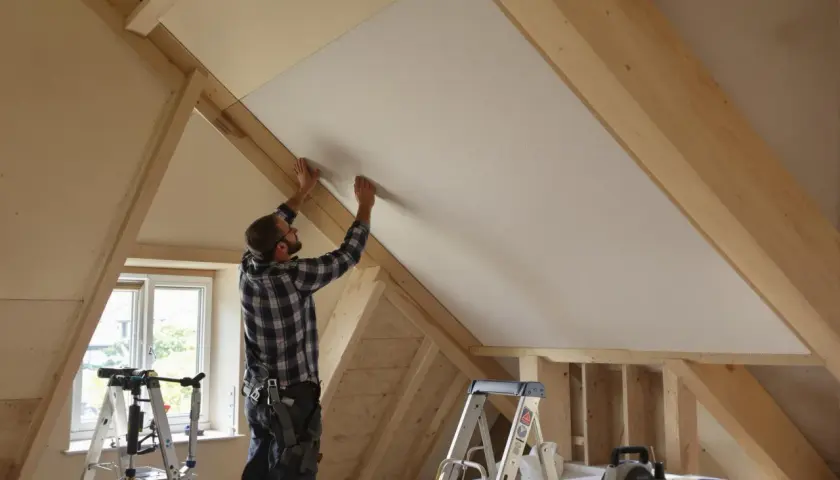Un ouvrier installe un panneau d'isolant polyuréthane dans un grenier en cours d'aménagement, sous une charpente en bois.