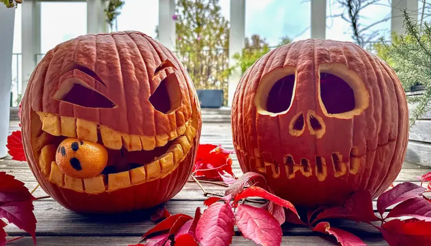 Due zucche intagliate per Halloween, una con una bocca spalancata e un piccolo fantasma mandarino, circondate da foglie rosse. Idee zucche intagliate per un tocco spettrale.