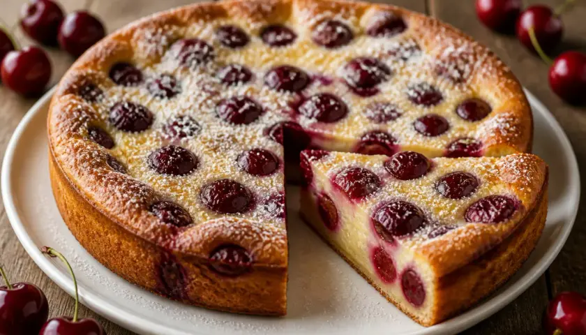 Clafoutis aux cerises, une recette facile et gourmande. Ce dessert doré, parsemé de sucre glace, invite à la dégustation.
