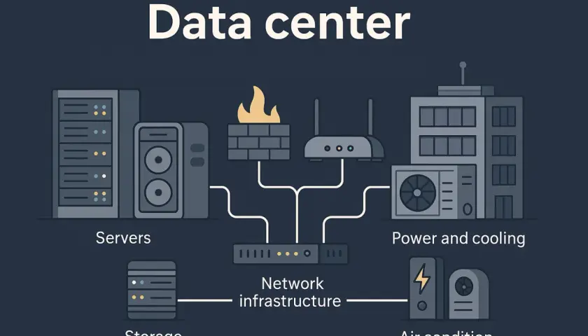 Schéma expliquant ce qu'est un data center : serveurs, stockage, infrastructure réseau, alimentation, refroidissement et climatisation.