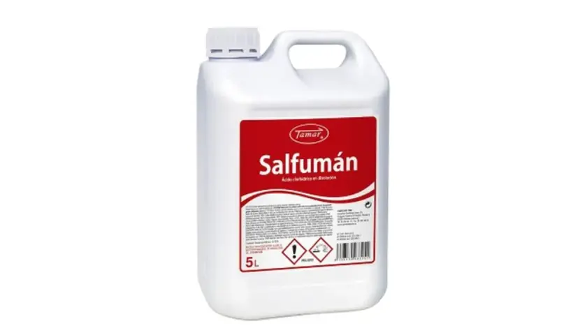 Bidón blanco de 5L de Salfuman, ácido clorhídrico en solución, para limpieza.
