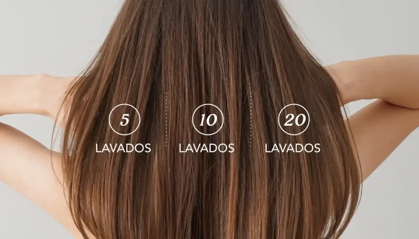 Cabello castaño con números indicando lavados: 5, 10, 20. Muestra cómo hacer que el pelo escupe el tinte gradualmente.