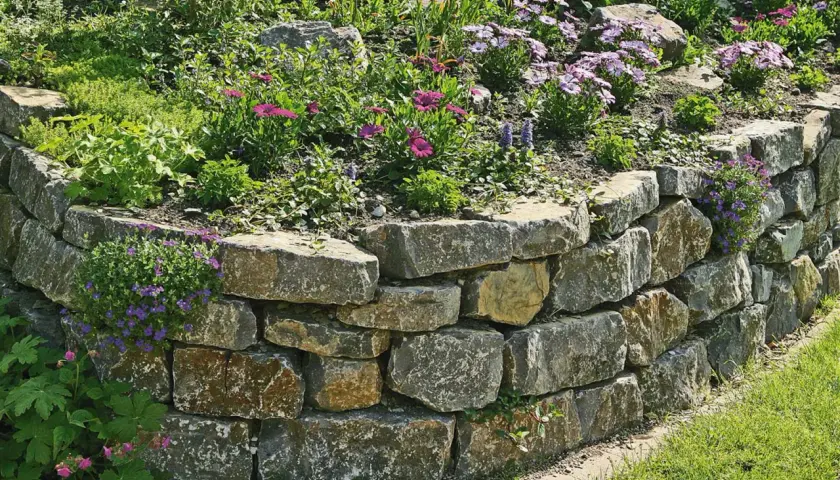 Eine rustikale **Trockenmauer** im **Garten** stützt ein Blumenbeet mit rosa und lila Blüten. Grüne Pflanzen ranken sich über die Steine.