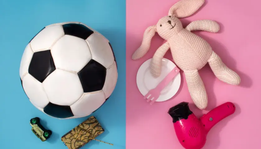 Pallone, macchinina e carro armato da un lato; coniglietto, piatto, forchetta e asciugacapelli dall'altro. Stereotipi di genere nei giocattoli.
