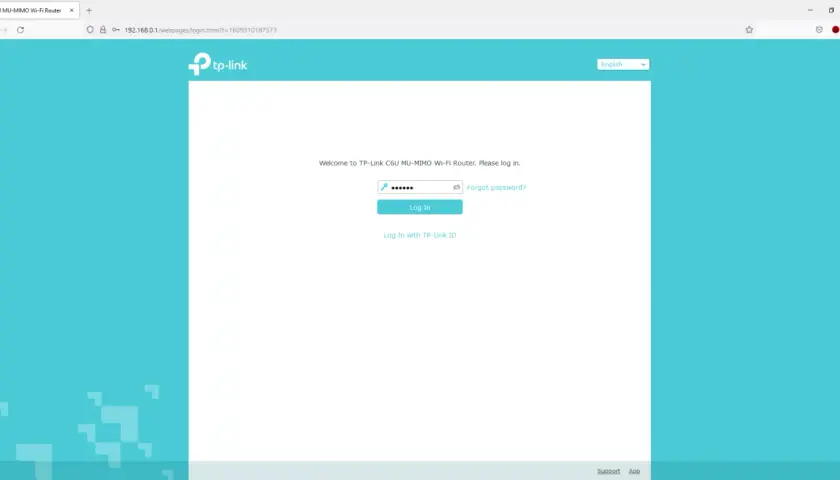 Strona logowania do routera TP-Link C6U MU-MIMO Wi-Fi. Wpisz hasło, aby się zalogować.