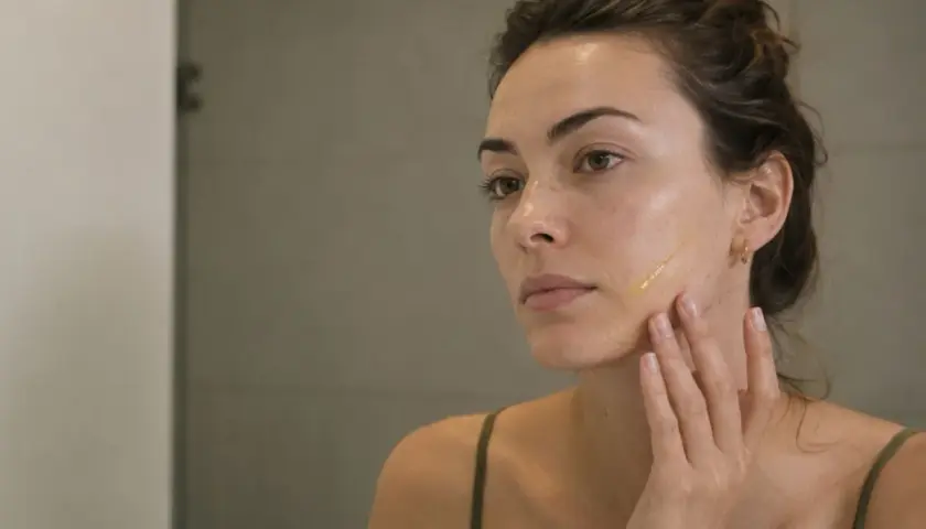 Kobieta aplikuje serum na twarz, zastanawiając się, czym są retinoidy i jak mogą poprawić jej cerę.