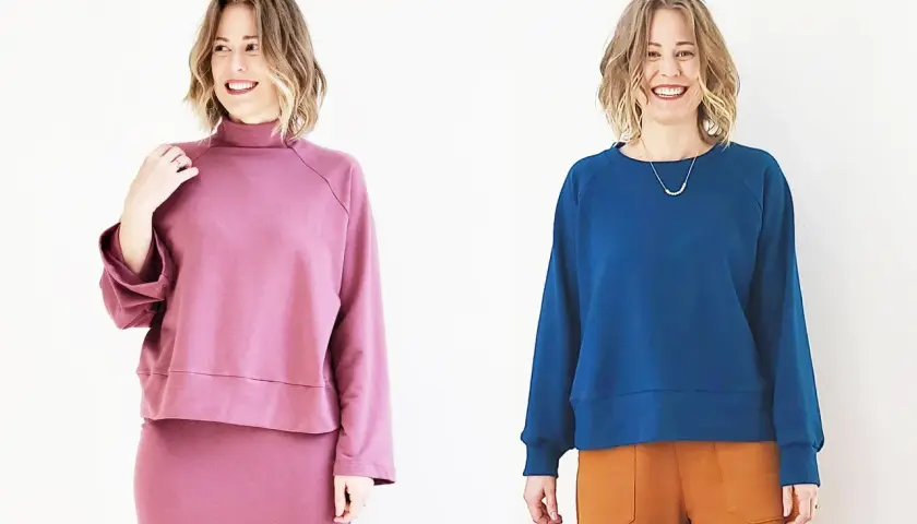 Two women model stylish sweatshirts, showcasing how to sew a sweatshirt with different necklines and colors.