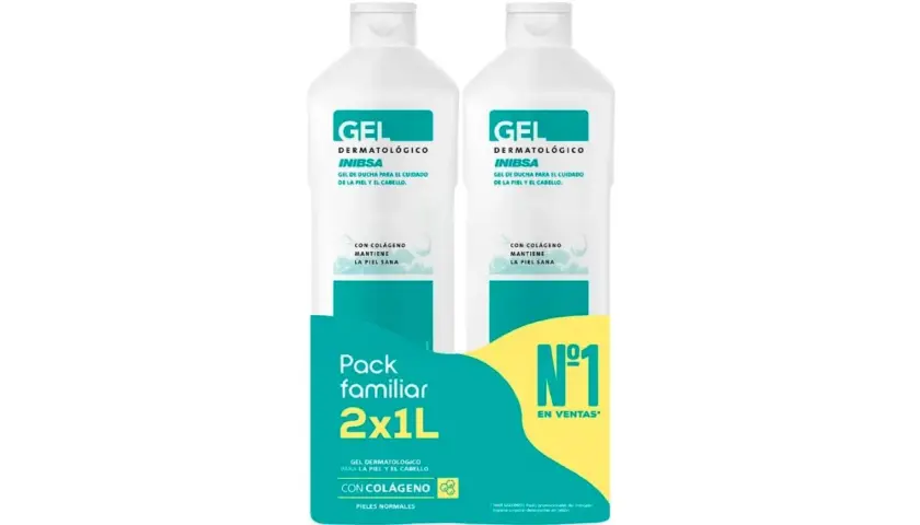 Pack familiar de jabón neutro Inibsa en Mercadona, 2x1L, gel dermatológico con colágeno para pieles normales.