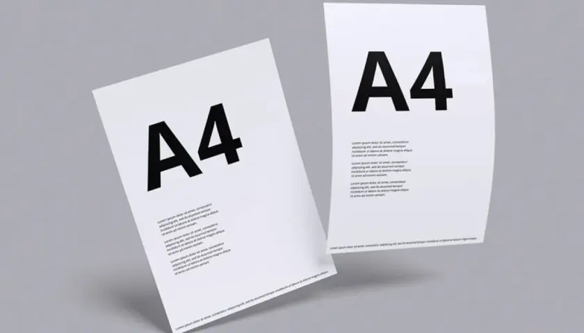 Dwa białe arkusze papieru w formacie **a4** z dużym czarnym napisem "A4" i tekstem.
