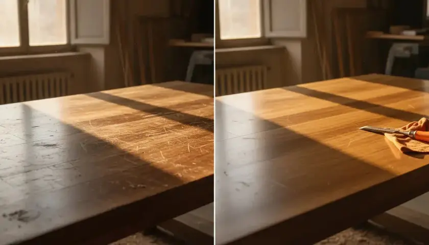 Split image showing a scratched wooden table before and after restoration, with a chisel on a cloth in the after section.