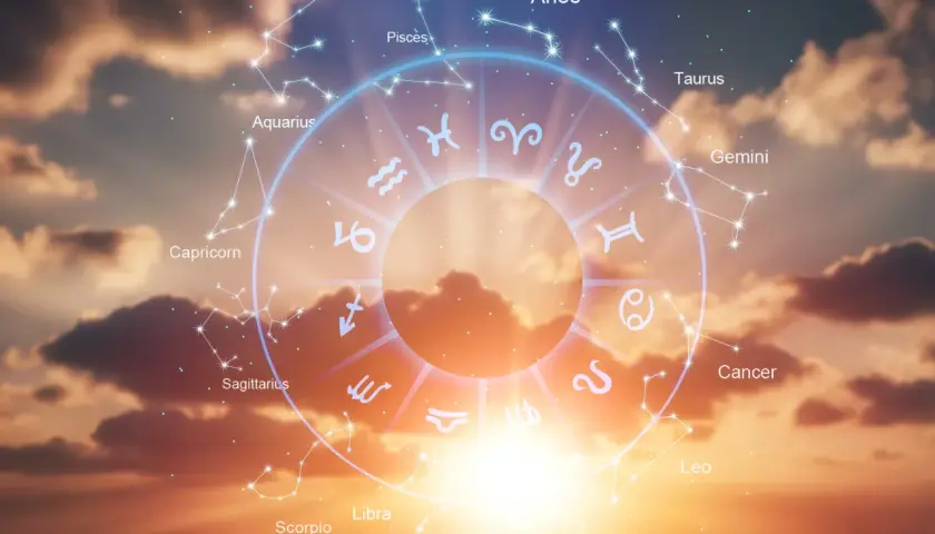 Zodiakalny krąg z konstelacjami na tle zachodzącego słońca. Czy wodnik i bliźnięta pasują do siebie?