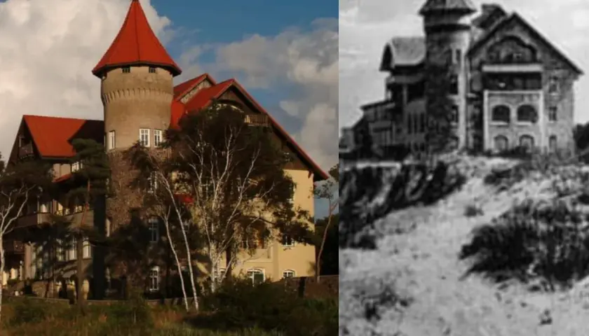 Zamek w Łebie, dawniej willa, dziś hotel. Obok historyczne zdjęcie tej samej budowli.