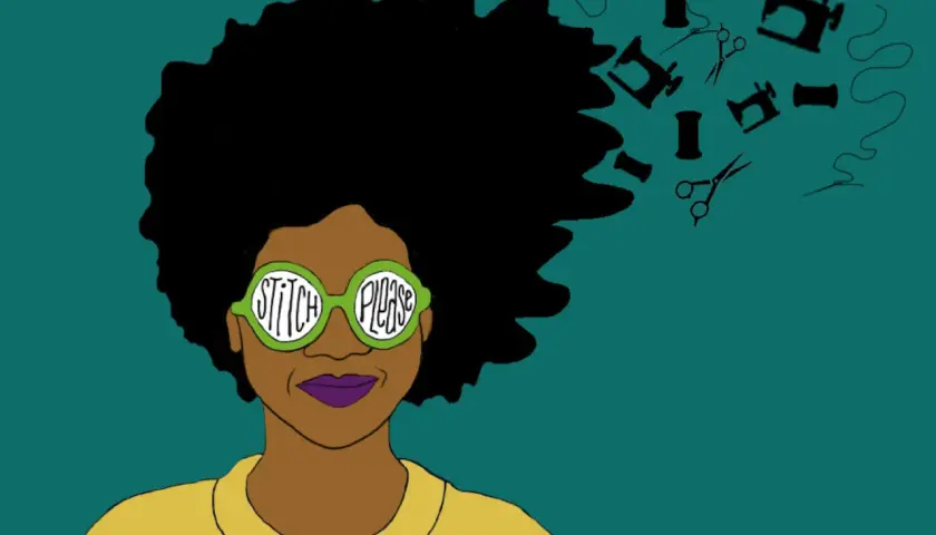 A woman with large glasses that say "Stitch Please" has sewing notions like sewing machines, spools, and scissors floating from her hair. Perfect for sewing podcasts!