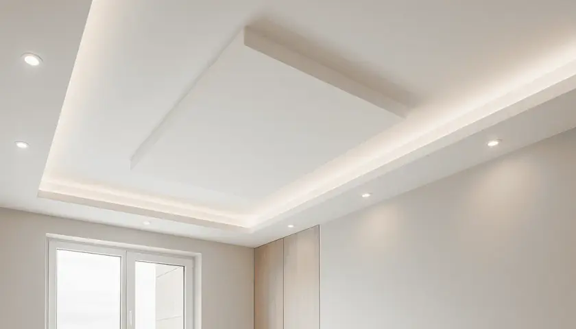 Soffitto moderno con doppia struttura cartongesso, illuminazione a LED integrata e faretti incassati.