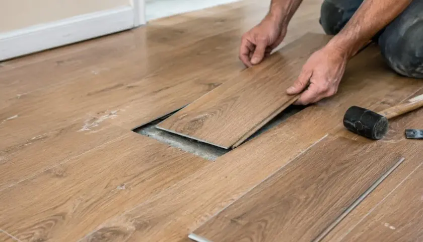 Układanie paneli na drewnianą podłogę. Ręce mężczyzny wkładają kolejny panel, obok leży młotek.