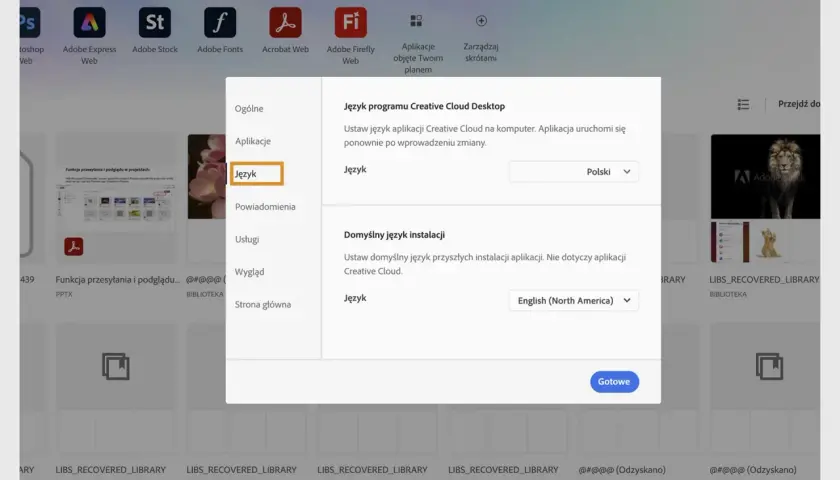 Ustaw język programu Creative Cloud Desktop na polski, aby zmienić język w Adobe Reader.