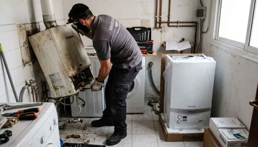 Técnico trabajando para cambiar caldera de gas. Retira una vieja y sucia caldera Junkers, mientras una nueva Vaillant espera en su caja.