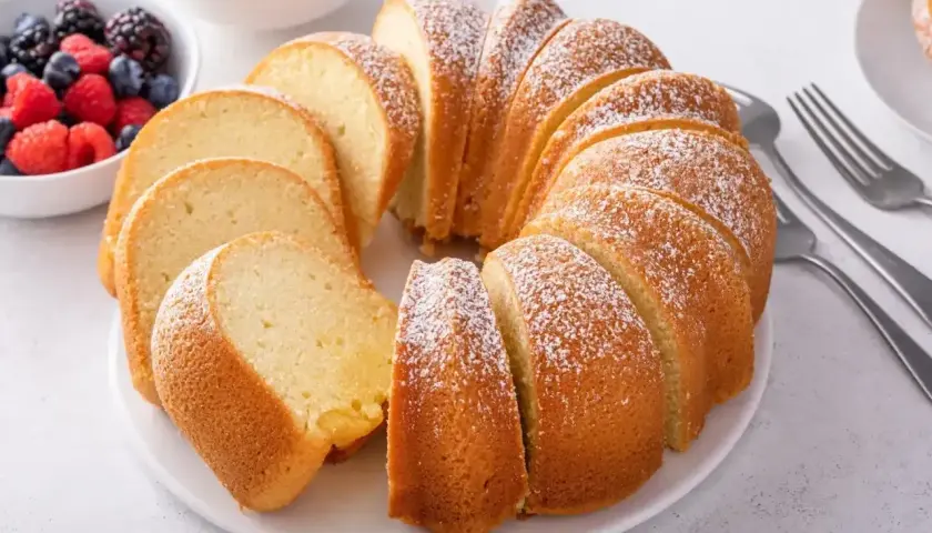Babka piaskowa przepis babci, puszysta, pokrojona, posypana cukrem pudrem, z owocami i śmietaną w tle.