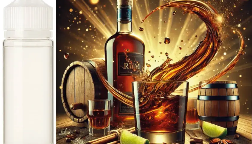 Ein Glas mit goldenem Rum, bereit zum Genießen. Daneben eine Flasche, Fässer und Gewürze.