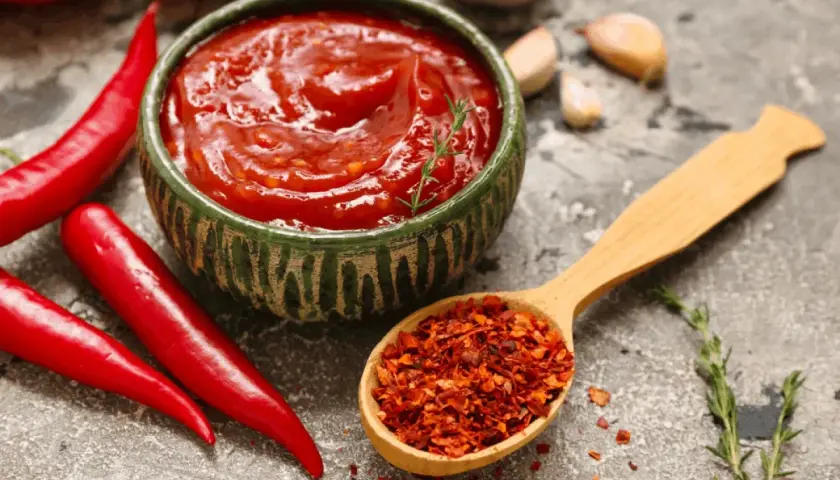 Miseczka pełna pikantnego sosu meksykańskiego, obok świeże papryczki chili i łyżka płatków chili.