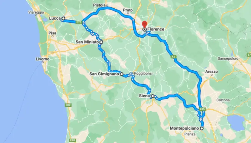 A scenic route map showing a car journey from Rome to Tuscany, passing through Florence, Siena, San Gimignano, Lucca, and Pisa.